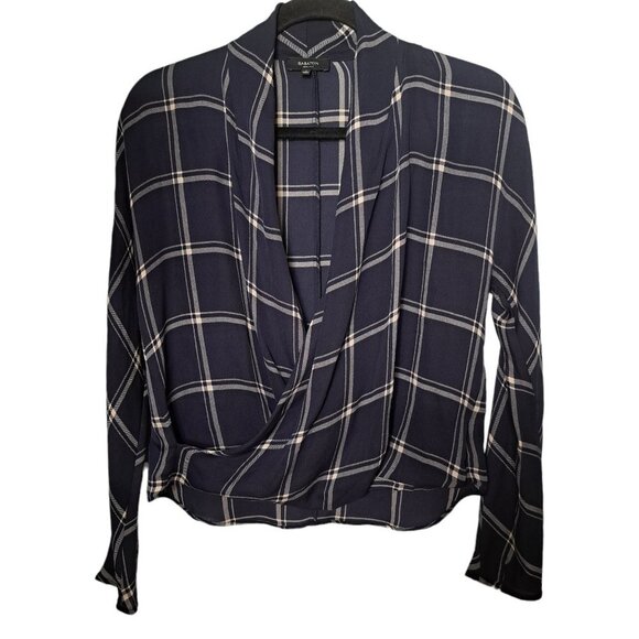 Babaton Tops - Aritzia Babaton Navy Blue Striped Plaid Crossover Silk Blouse Size Small